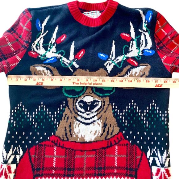 Ugly Christmas Sweater Reindeer Glasses Lights Plaid Men's Size Medium - Picture 13 of 14